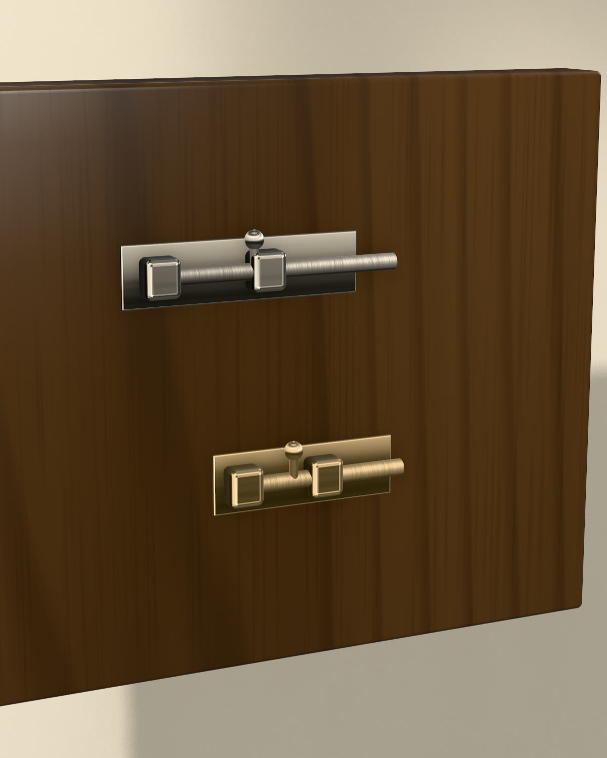 Rendered satin nickel and brass tower bolts mounted on a walnut panel