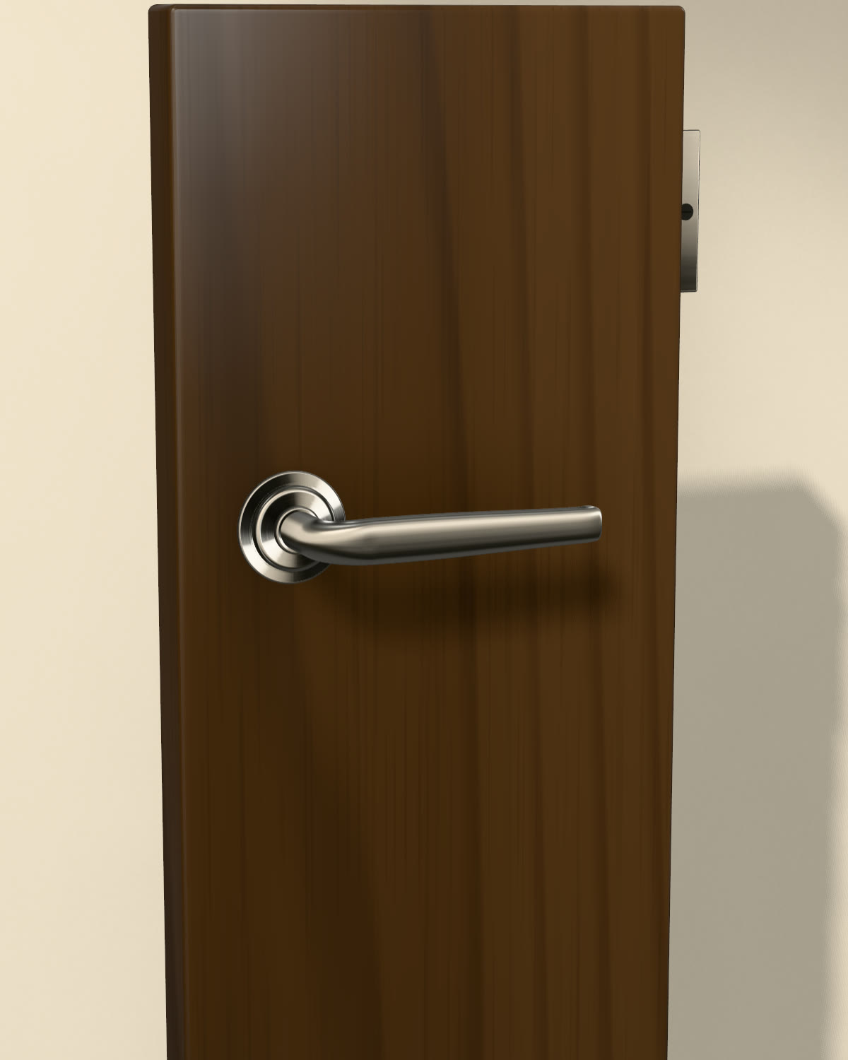 Rendered satin nickel lever handle and hinge on a plain walnut interior door sample