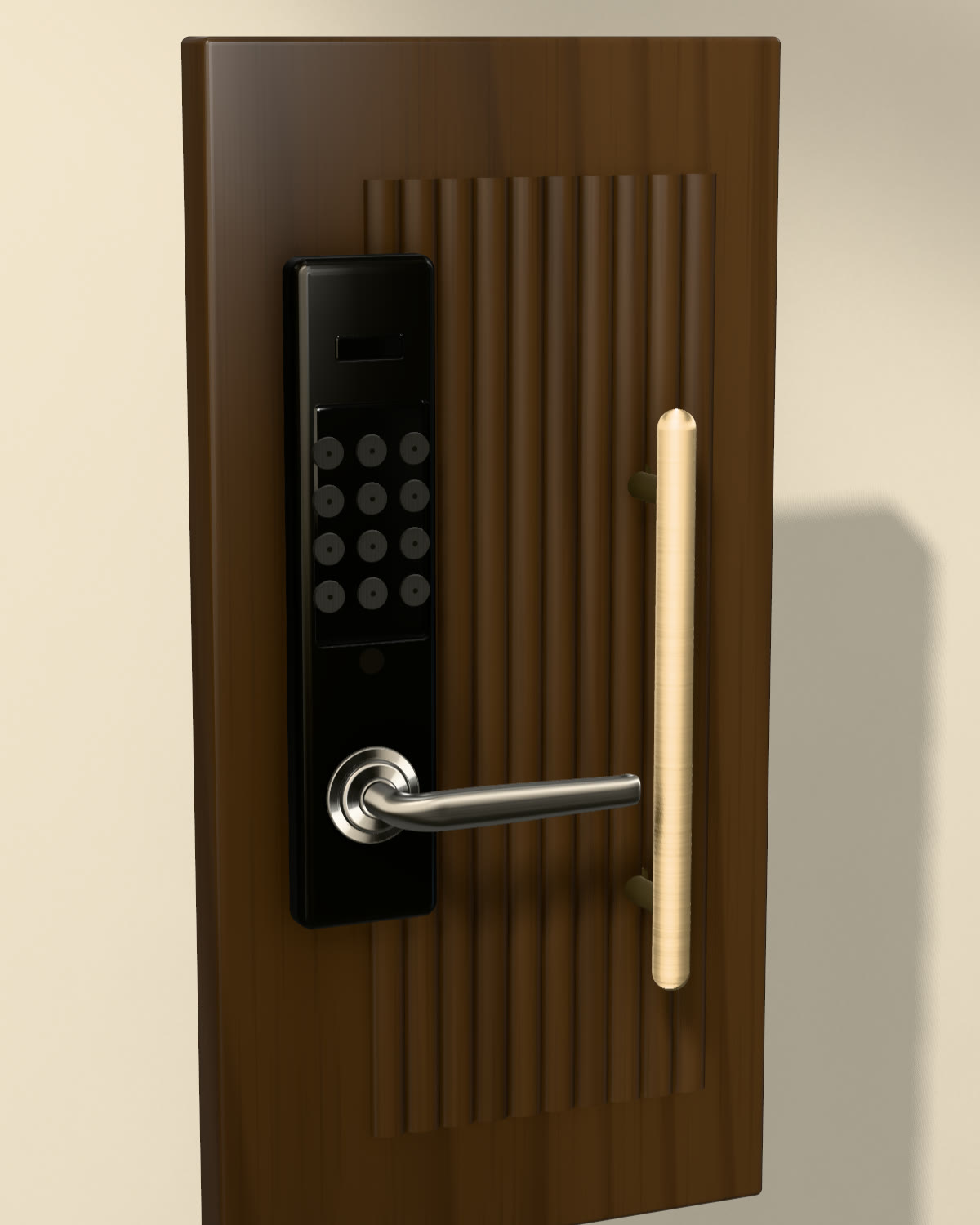 Rendered digital lock and brass pull handle on a fluted walnut main door sample