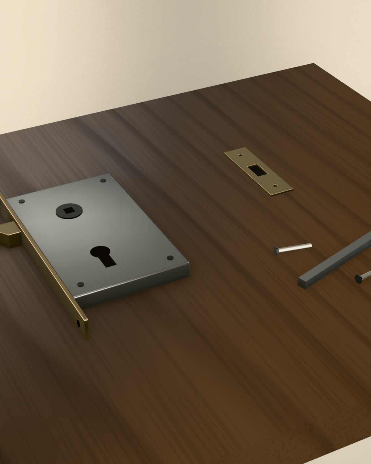 Rendered mortise lock body, strike plate, spindle and screws laid out on walnut for replacement