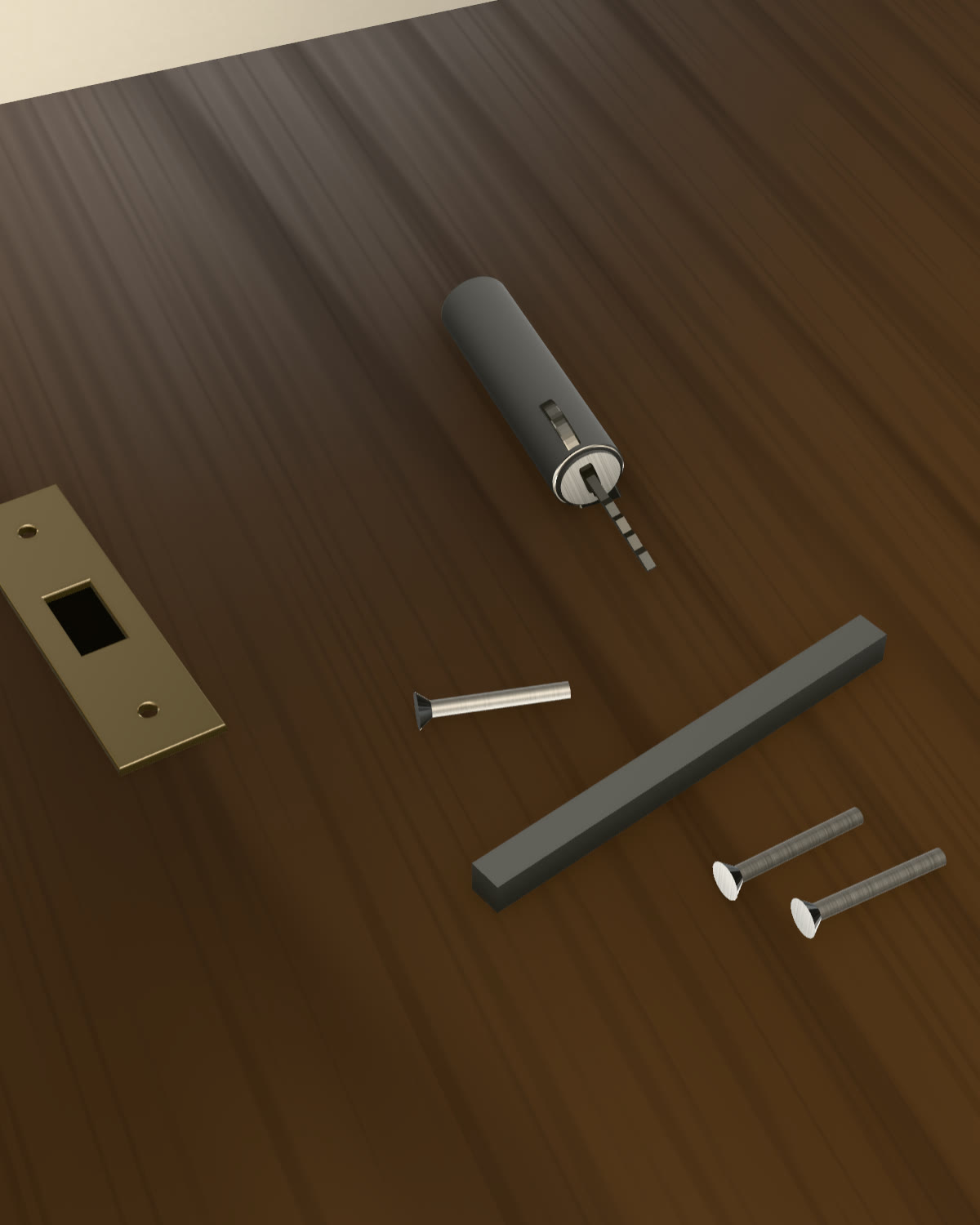 Rendered strike plate, euro profile cylinder with key, square spindle and screws laid on stone