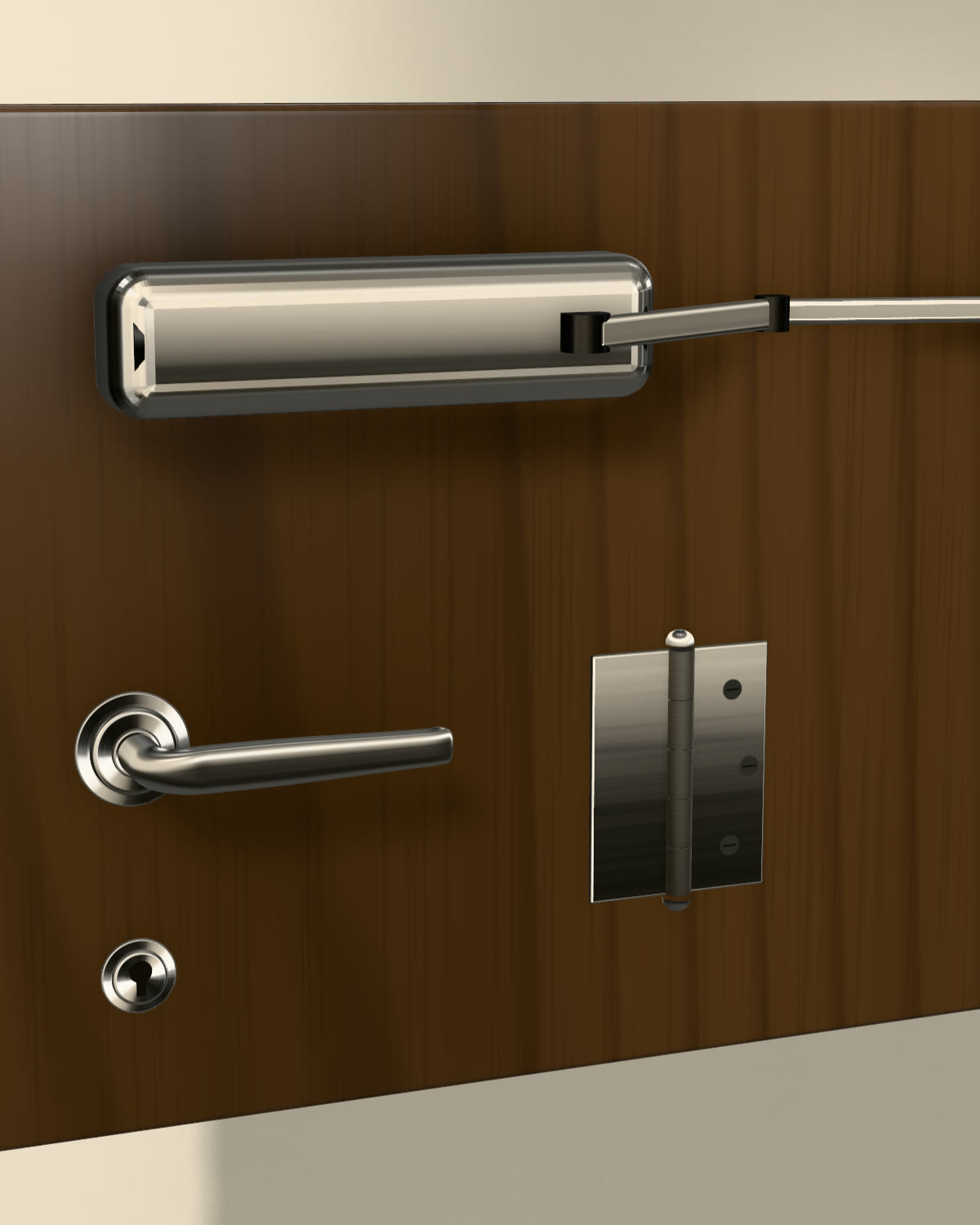 Rendered set of hardware for a project: lever handle, door closer, hinge and door stopper