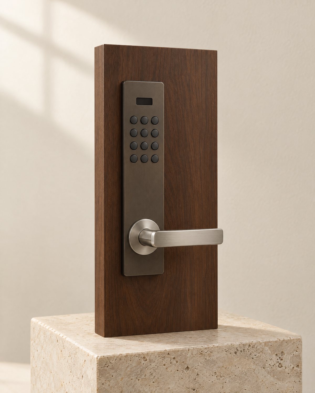 Illustration of a digital door lock on a walnut door section, with a dark bronze backplate, a twelve-key keypad and a nickel lever handle
