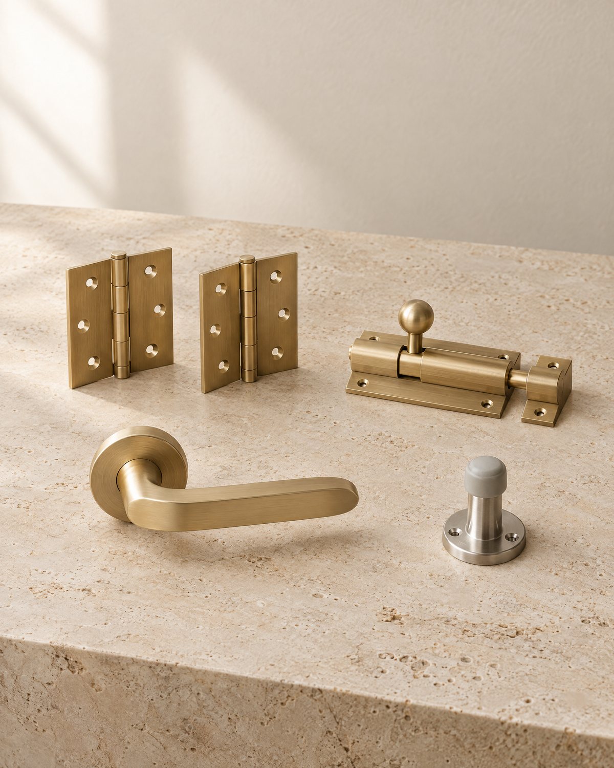 Illustration of door fittings on a travertine surface: a pair of brass hinges, a lever handle, a barrel bolt and a door stop