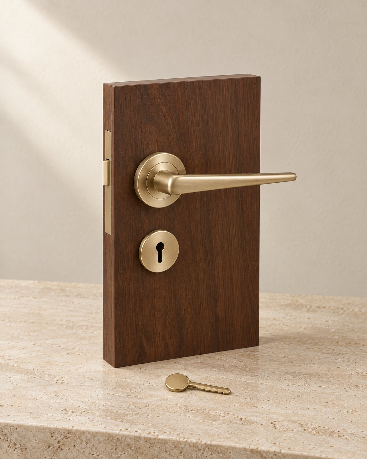 Illustration of a satin brass lever handle, round rose and keyhole escutcheon fitted to a walnut door section, with a plain brass key in front